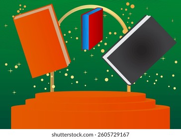 Mockup product display with Book. Vector cylinder pedestal podium. Stage showcase for presentation. Minimal geometric forms.
