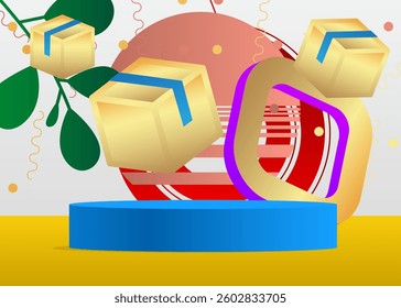 Mockup product display with Cardboard Box. Vector cylinder pedestal podium. Stage showcase for presentation. Minimal geometric forms.