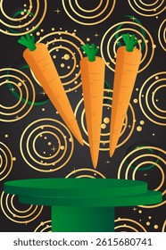 Mockup product display with Carrot. Vector cylinder pedestal podium. Stage showcase for presentation. Minimal geometric forms.