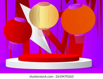 Mockup product display with Chinese lantern. Vector cylinder pedestal podium. Stage showcase for presentation. Minimal geometric forms.