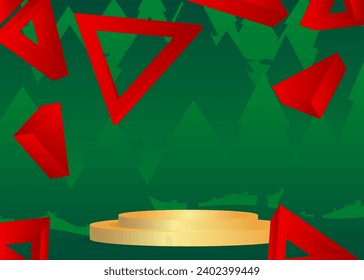Mockup product display with Christmas Pine Tree. Vector holiday cylinder pedestal podium. Stage showcase for presentation. Minimal geometric forms.
