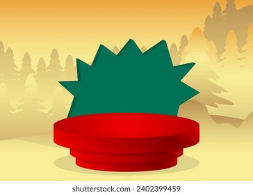 Mockup product display with Christmas Pine Tree. Vector holiday cylinder pedestal podium. Stage showcase for presentation. Minimal geometric forms.