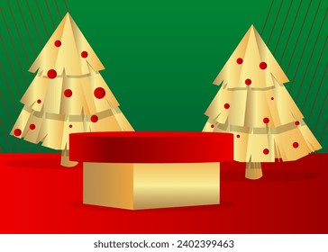 Mockup product display with Christmas Pine Tree. Vector holiday cylinder pedestal podium. Stage showcase for presentation. Minimal geometric forms.