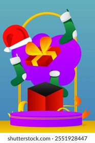 Mockup product display with Christmas stocking, Gift Box and Santa Claus Hat. Vector cylinder pedestal podium. Stage showcase for presentation. Minimal geometric forms.