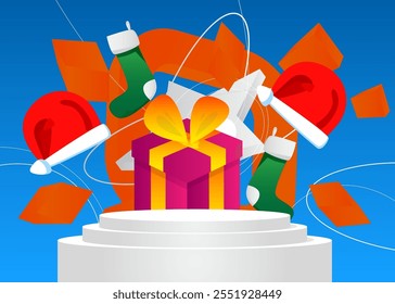 Mockup product display with Christmas stocking, Gift Box and Santa Claus Hat. Vector cylinder pedestal podium. Stage showcase for presentation. Minimal geometric forms.