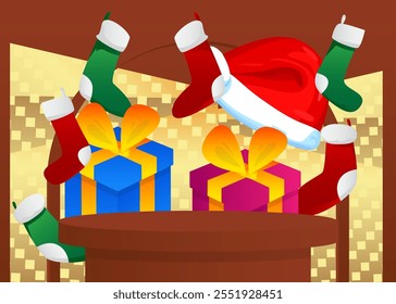 Mockup product display with Christmas stocking, Gift Box and Santa Claus Hat. Vector cylinder pedestal podium. Stage showcase for presentation. Minimal geometric forms.