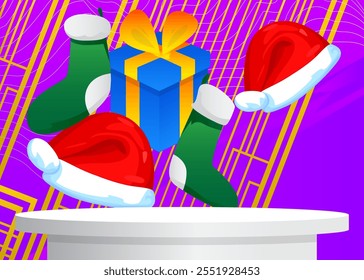 Mockup product display with Christmas stocking, Gift Box and Santa Claus Hat. Vector cylinder pedestal podium. Stage showcase for presentation. Minimal geometric forms.