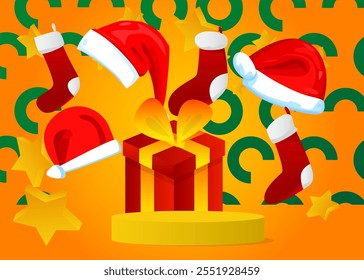 Mockup product display with Christmas stocking, Gift Box and Santa Claus Hat. Vector cylinder pedestal podium. Stage showcase for presentation. Minimal geometric forms.