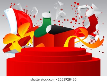 Mockup product display with Christmas stocking, Gift Box and Santa Claus Hat. Vector cylinder pedestal podium. Stage showcase for presentation. Minimal geometric forms.