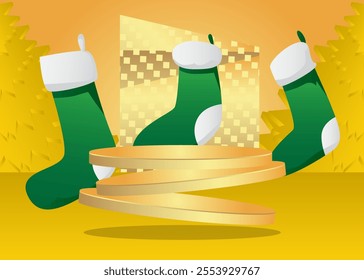 Mockup product display with Christmas stocking. Vector cylinder pedestal podium. Stage showcase for presentation. Minimal geometric forms.