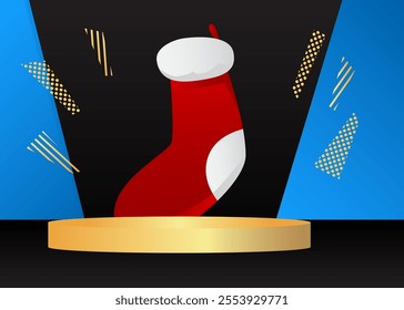 Mockup product display with Christmas stocking. Vector cylinder pedestal podium. Stage showcase for presentation. Minimal geometric forms.