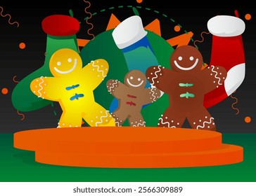 Mockup product display with Christmas stocking and Gingerbread Man Cookie. Vector cylinder pedestal podium. Stage showcase for presentation. Minimal geometric forms.