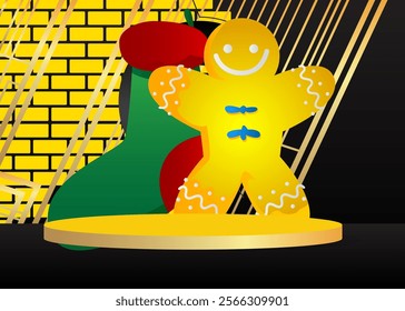 Mockup product display with Christmas stocking and Gingerbread Man Cookie. Vector cylinder pedestal podium. Stage showcase for presentation. Minimal geometric forms.