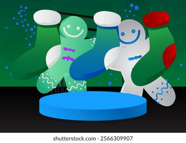 Mockup product display with Christmas stocking and Gingerbread Man Cookie. Vector cylinder pedestal podium. Stage showcase for presentation. Minimal geometric forms.