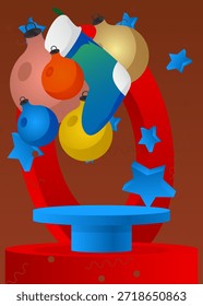 Mockup product display with Christmas stocking and decoration ball. Vector cylinder pedestal podium. Stage showcase for presentation. Minimal geometric forms.