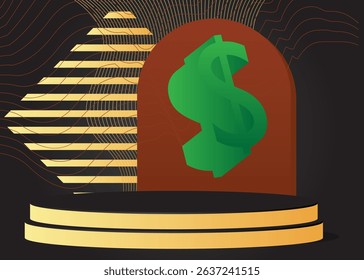 Mockup product display with Dollar Sign. Vector cylinder pedestal podium. Stage showcase for presentation. Minimal geometric forms.