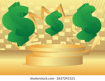 Mockup product display with Dollar Sign. Vector cylinder pedestal podium. Stage showcase for presentation. Minimal geometric forms.