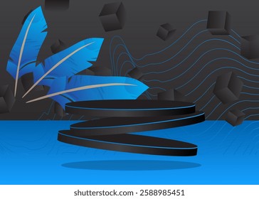 Mockup product display with Feather. Vector cylinder pedestal podium. Stage showcase for presentation. Minimal geometric forms.
