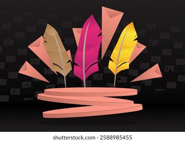 Mockup product display with Feather. Vector cylinder pedestal podium. Stage showcase for presentation. Minimal geometric forms.