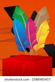 Mockup product display with Feather. Vector cylinder pedestal podium. Stage showcase for presentation. Minimal geometric forms.