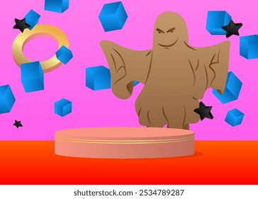 Mockup product display with Ghost. Vector cylinder pedestal podium. Stage showcase for Halloween presentation with minimal geometric forms.