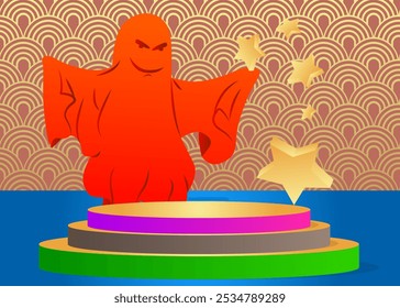 Mockup product display with Ghost. Vector cylinder pedestal podium. Stage showcase for Halloween presentation with minimal geometric forms.