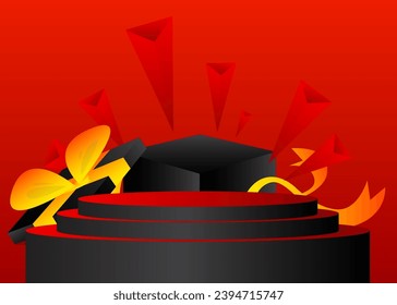 Mockup product display with gift box. Vector holiday cylinder pedestal podium. Christmas stage showcase for presentation. Minimal geometric forms.