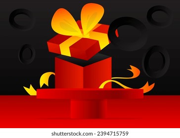 Mockup product display with gift box. Vector holiday cylinder pedestal podium. Christmas stage showcase for presentation. Minimal geometric forms.