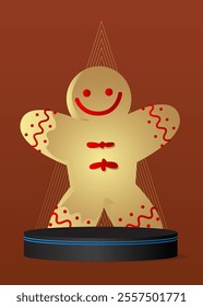 Mockup product display with Gingerbread Man Christmas Cookie. Vector cylinder pedestal podium. Stage showcase for presentation. Minimal geometric forms.