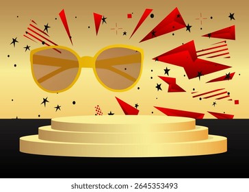 Mostrador de exposição do produto com óculos. Pódio pedestal do cilindro vetorial. Exibição de palco para apresentação. Formas geométricas mínimas.