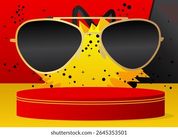 Mostrador de exposição do produto com óculos. Pódio pedestal do cilindro vetorial. Exibição de palco para apresentação. Formas geométricas mínimas.