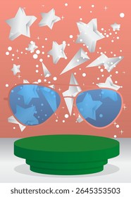 Mockup product display with Glasses. Vector cylinder pedestal podium. Stage showcase for presentation. Minimal geometric forms.