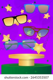 Mockup product display with Glasses. Vector cylinder pedestal podium. Stage showcase for presentation. Minimal geometric forms.