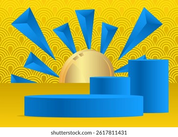 Mockup product display with Gold Coin. Vector cylinder pedestal podium. Stage showcase for presentation. Minimal geometric forms.