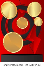 Mockup product display with Gold Coin. Vector cylinder pedestal podium. Stage showcase for presentation. Minimal geometric forms.