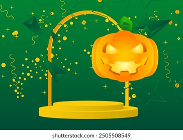 Mockup product display with halloween pumpkin. Vector cylinder pedestal podium with Jack O' Lantern. Stage showcase for presentation. Minimal geometric forms.