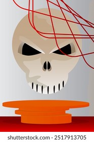 Mockup product display with Halloween Skull. Vector cylinder Celebration pedestal podium. Stage showcase for Spooky presentation. Minimal geometric forms.