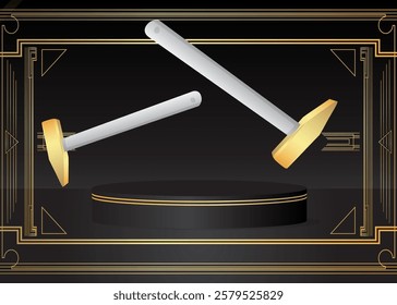 Mockup product display with Hammer. Vector cylinder pedestal podium. Stage showcase for presentation. Minimal geometric forms.