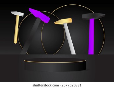 Mockup product display with Hammer. Vector cylinder pedestal podium. Stage showcase for presentation. Minimal geometric forms.