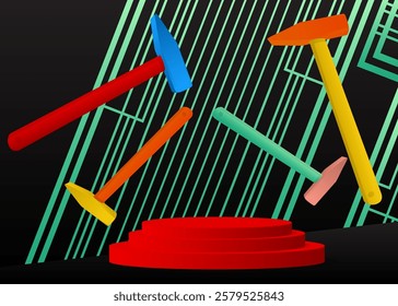 Mockup product display with Hammer. Vector cylinder pedestal podium. Stage showcase for presentation. Minimal geometric forms.