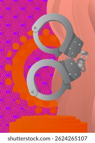Mockup product display with Handcuffs. Vector cylinder pedestal podium. Stage showcase for presentation. Minimal geometric forms.
