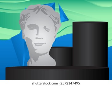 Mockup product display with Head Sculpture. Vector cylinder pedestal podium. Stage showcase for presentation. Minimal geometric forms.