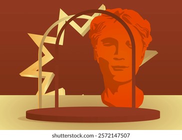 Mockup product display with Head Sculpture. Vector cylinder pedestal podium. Stage showcase for presentation. Minimal geometric forms.