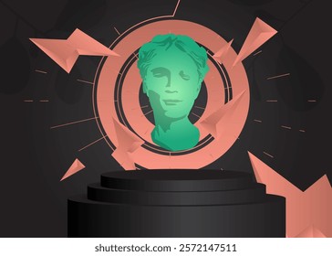 Mockup product display with Head Sculpture. Vector cylinder pedestal podium. Stage showcase for presentation. Minimal geometric forms.