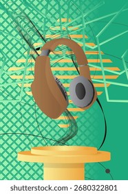 Mockup product display with Headset. Vector cylinder pedestal podium. Stage showcase for presentation. Minimal geometric forms.