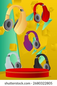 Pantalla de maqueta de producto con auriculares. Podio del pedestal del cilindro de Vector. Escaparate escénico para presentación. Formas geométricas mínimas.