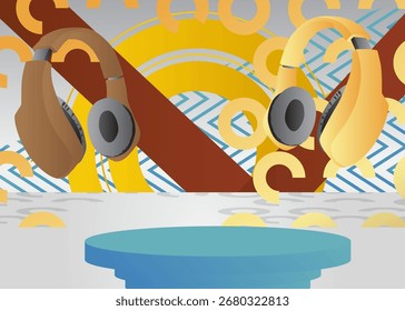 Mockup product display with Headset. Vector cylinder pedestal podium. Stage showcase for presentation. Minimal geometric forms.