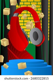 Mockup product display with Headset. Vector cylinder pedestal podium. Stage showcase for presentation. Minimal geometric forms.