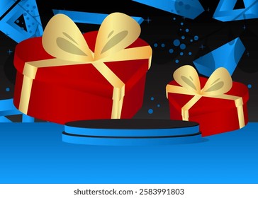 Mockup product display with Heart shaped gift box. Vector cylinder pedestal podium. Stage showcase for presentation. Minimal geometric forms.