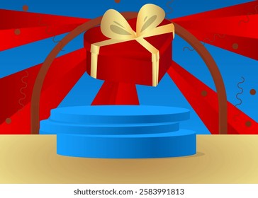 Mockup product display with Heart shaped gift box. Vector cylinder pedestal podium. Stage showcase for presentation. Minimal geometric forms.